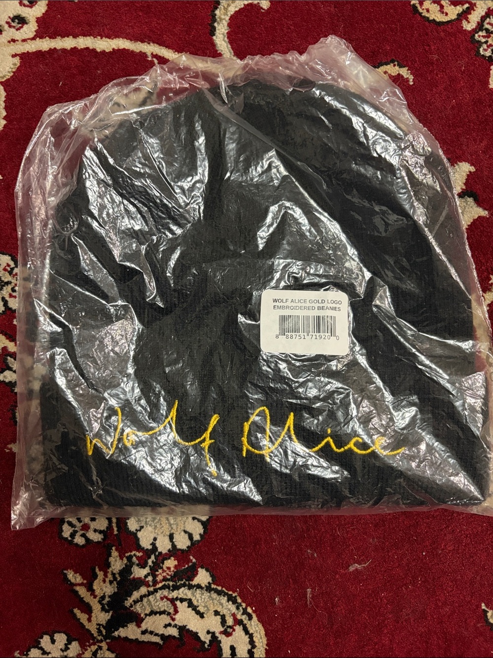 Black Knit Beanie with Gold Script Logo